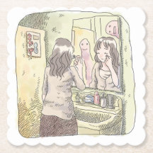 さなにしじ 黄色い洗面所で鏡に映る自分を見ながらメイク道具を使う女性のイラスト