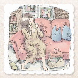 さなににじ お部屋の中で真っ赤なソファに腰を掛けてまったりカップをすする女性のイラスト UNTERSETZER