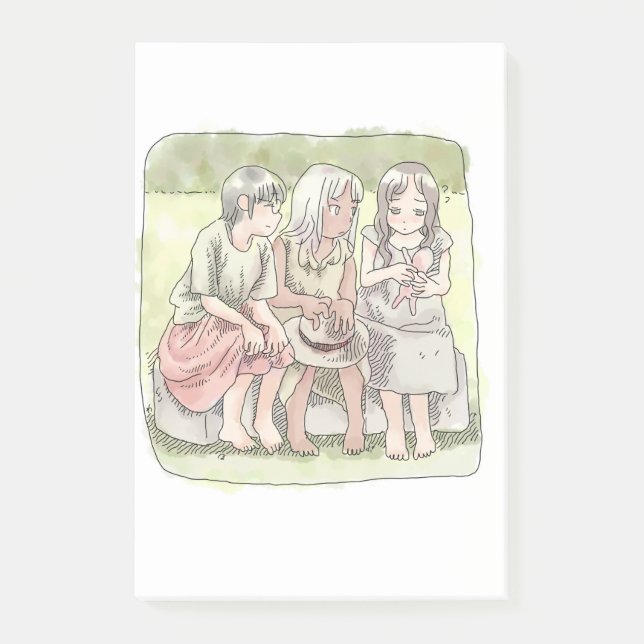 さなにやじ　野外で、椅子に座って仲良くしている三人の裸足の女の子のイラスト POST-IT KLEBEZETTEL (Vorderseite)