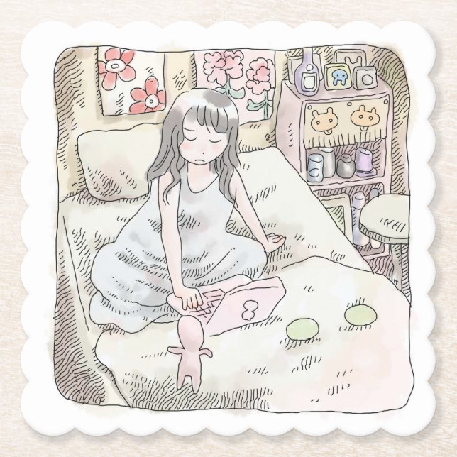 さなれなじ　寝室の壁際のベッドの上で、胡坐をかいてノートパソコンを使う女性のイラスト UNTERSETZER (Vorderseite)