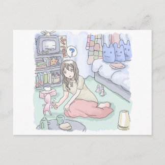 さにしれじ　緑のカーペットが敷いてある寝室でへたり込んでいる女性のイラスト POSTKARTE
