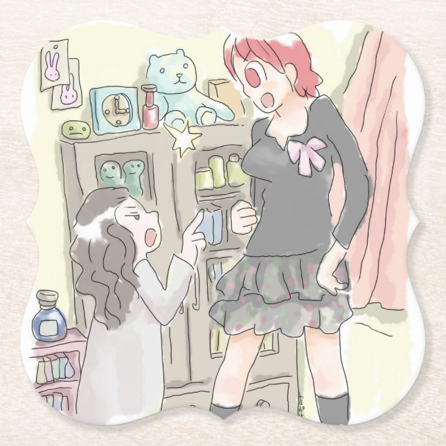 さむさにじ　部屋の棚の前で、向き合って口論をする身長差のあるふたりの女性のイラスト UNTERSETZER (Vorderseite)