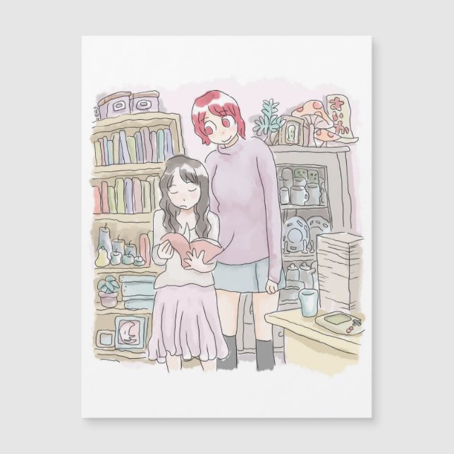 さむにくじ　本棚のある部屋で立って並んで本のページをめくる二人の女性のイラスト MAGNETKARTE (Vorderseite)