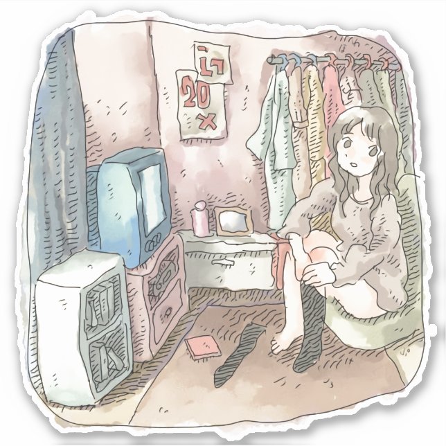 さやしくじ　衣類のかけてある部屋の座椅子に座ってテレビを見ながら靴下をはいている女性のイラスト AUFKLEBER (Vorderseite)