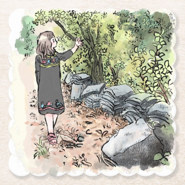 されいいじ  古い瓦が積んである田舎の自然道を歩く女性の水彩イラスト UNTERSETZER (Vorderseite)