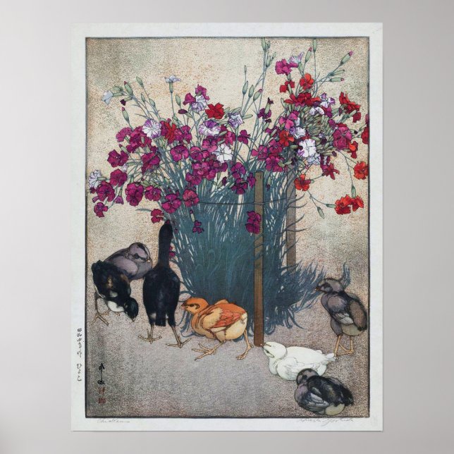 ひ こ, Dianthus & Chicks, Hiroshi Yoshida, Woodcut Poster (Vorne)