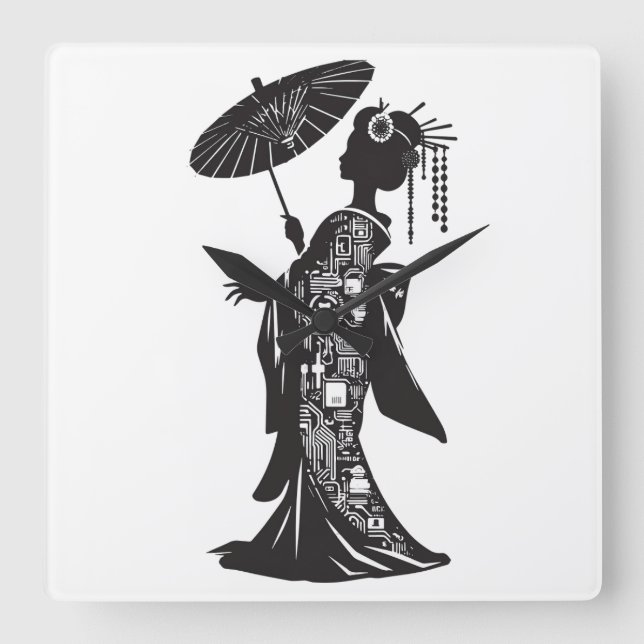 アクリル壁時計、芸者シルエット QUADRATISCHE WANDUHR (Vorderseite)