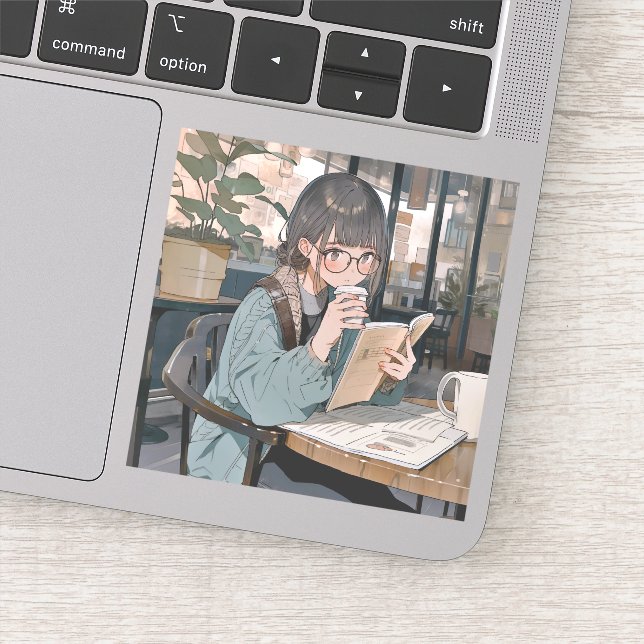 カフェで勉強するJKシール｜寿司娘 GenerativeAI Aufkleber (Detail)