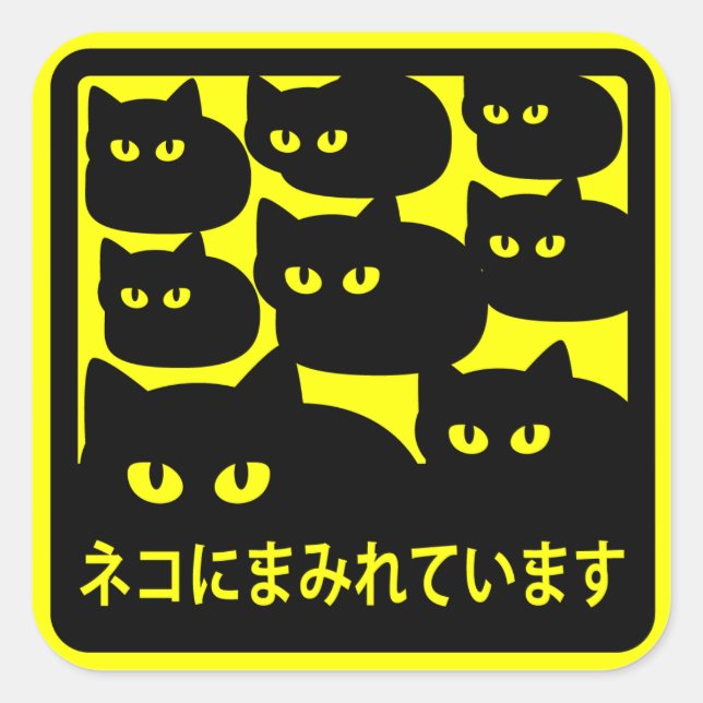 ステッカー　「ネコにまみれています」イエロー QUADRATISCHER AUFKLEBER (Vorderseite)