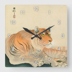 トラ, 小原古邨 Tiger, Ohara Koson, Ukiyo-e Quadratische Wanduhr
