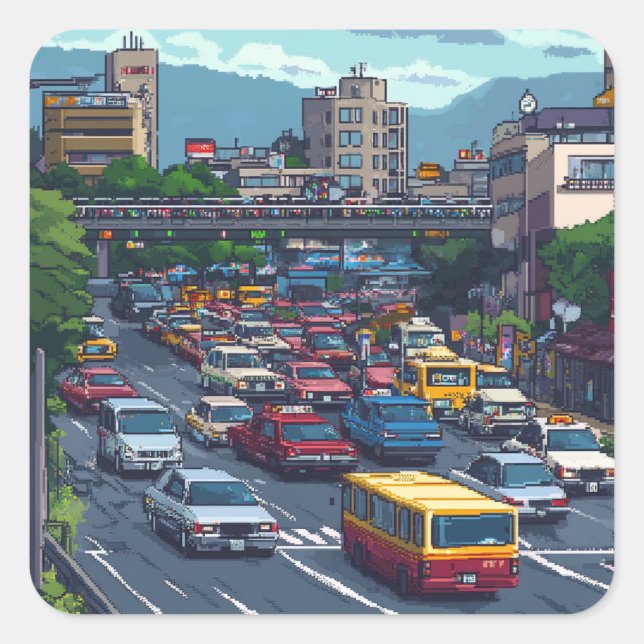 ピクセルアート　東京の渋滞のステッカー QUADRATISCHER AUFKLEBER (Vorderseite)