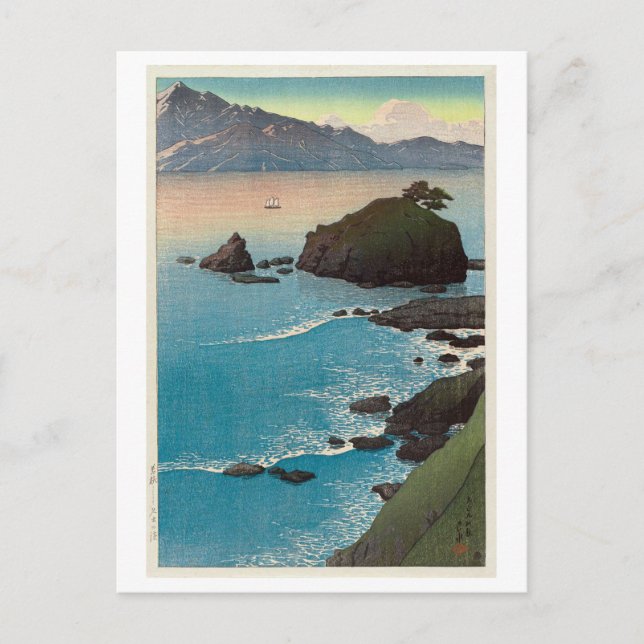 久 手 浜, Kude Beach in Wakasa, Hasui Kawase, Woodcut Postkarte (Vorderseite)