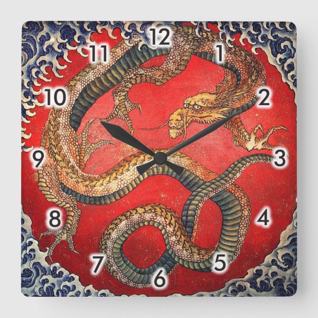 北斎の龍, 北斎 Hokusai Drache, Hokusai, Japan-Kunst Quadratische Wanduhr (Vorderseite)