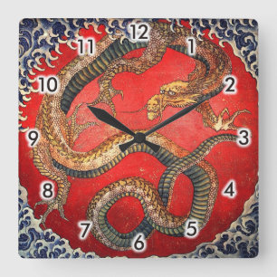 北斎の龍, 北斎 Hokusai Drache, Hokusai, Japan-Kunst Quadratische Wanduhr