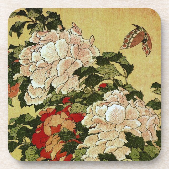 北 斎 Hokusai Peonies & Butterflies Kunstkunst Getränkeuntersetzer (Vorderseite)