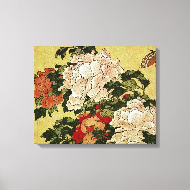 北 斎 Hokusai Peonies & Butterflies Kunstkunst Leinwanddruck (Vorderseite)