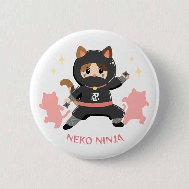 可愛い猫忍者 日本 ピンク Cat Ninja from Japan Pink Button (Vorderseite)