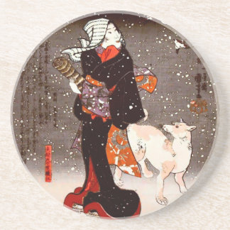 國 芳 Frau & Hund in Snow Kuniyoshi Kunst, Dichtung  Getränkeuntersetzer