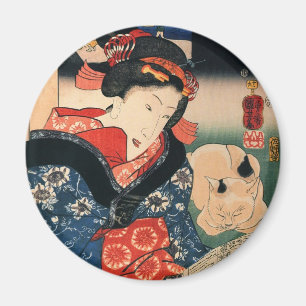 女 と 眠 猫, 国 und Schlafkatze, Kuniyoshi, る Magnet