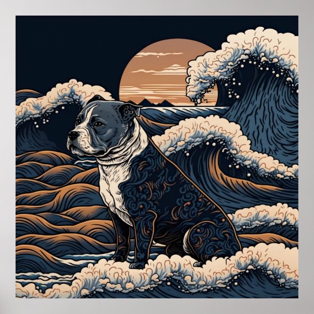 日本の伝統的なヴィンテージデザインを使用したアート作品　躍動感のある波と犬 POSTER (Vorne)