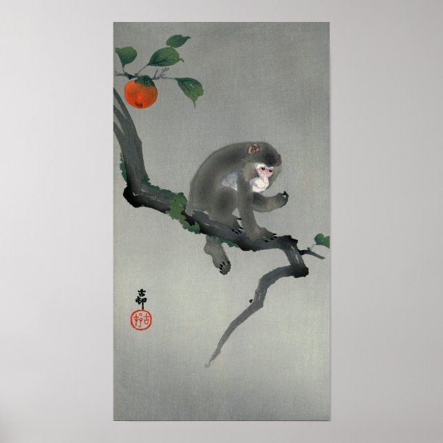 柿に猿, 古邨 Monkey on Persimmon tree, Ohara Koson Poster (Vorne)