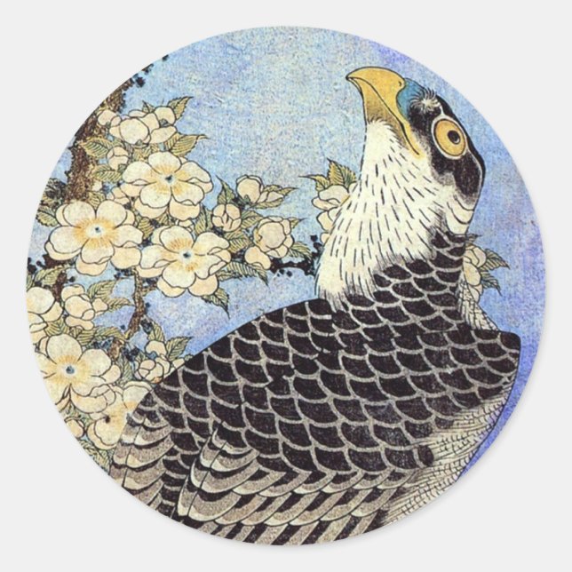 桜 ハ ヤ サ, Falken- und Kirschblüten, Hokusai, Ukiyo- Runder Aufkleber (Vorderseite)