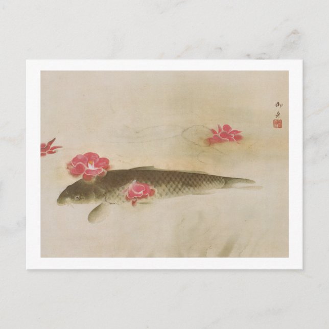 椿 と 鯉, 速 水 舟 Kamelien und Karpfen, Gyoshū Postkarte (Vorderseite)
