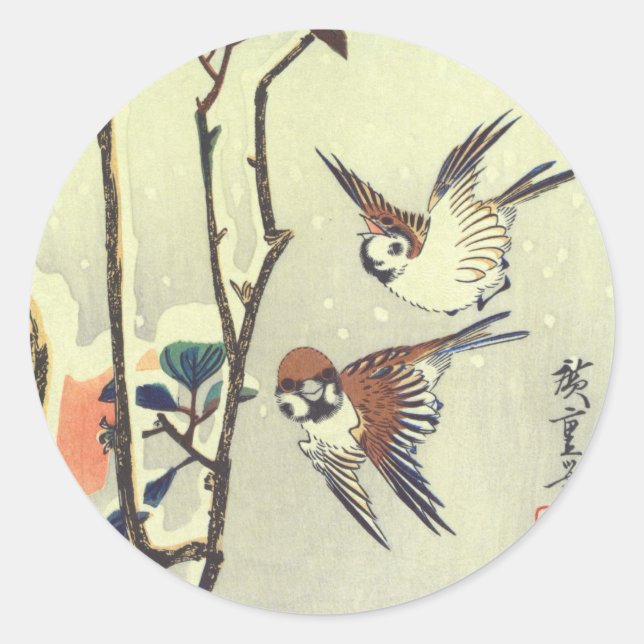 椿 雀, 広 重 Kamelien und Sparrow, Hiroshige, Ukiyo-e Runder Aufkleber (Vorderseite)