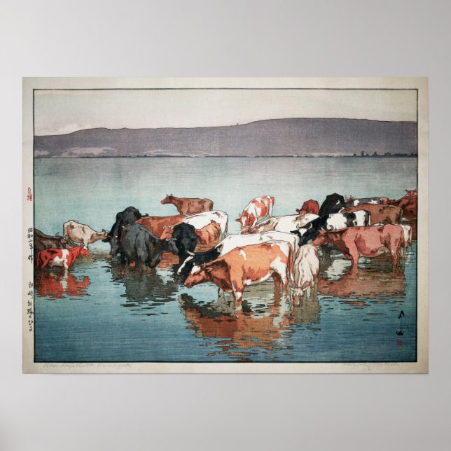 沼 崎 場 昼, Kühe, Hiroshi Yoshida, Holzschnitt Poster (Vorne)