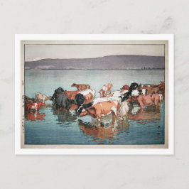 沼 崎 場 昼, Kühe, Hiroshi Yoshida, Holzschnitt Postkarte