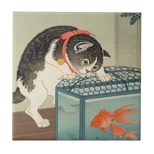 猫と金魚, 古邨 Katze u. Goldfisch, Koson, Ukiyo-e Fliese