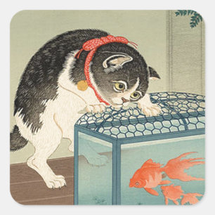 猫 と 魚, 古 Cat & Goldfish, Koson, Ukiyo-e, 邨 Quadratischer Aufkleber