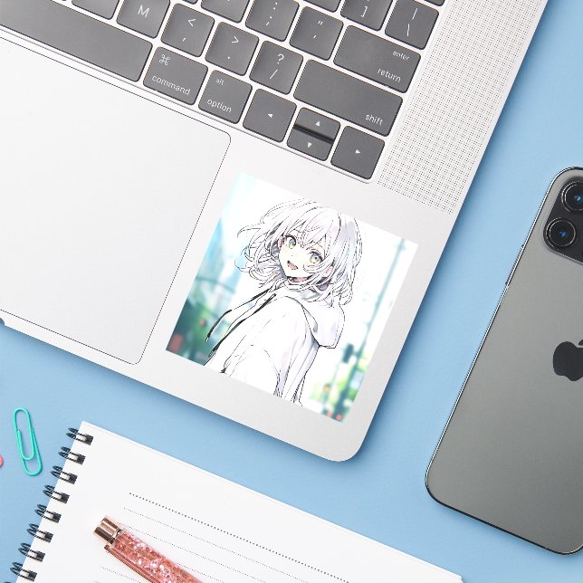 白パーカーJKシール｜寿司娘 GenerativeAI Aufkleber (Laptop mit iPhone)