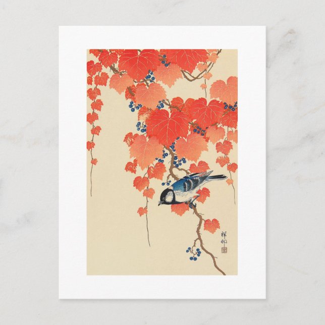 赤い蔦に鳥, 古邨 Vogel auf rotem Efeu, Koson, Ukiyo-e Postkarte (Vorderseite)