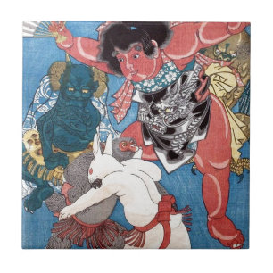 金太郎と動物, 国芳 Kintaro u. Tiere, Kuniyoshi, Ukiyo-e Fliese
