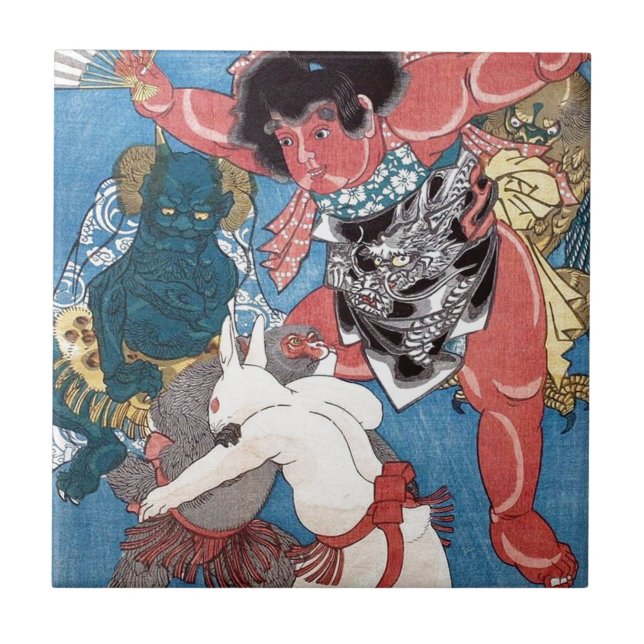 金太郎と動物, 国芳 Kintaro u. Tiere, Kuniyoshi, Ukiyo-e Fliese (Vorderseite)