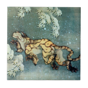 雪中虎図, 北斎 Tiger im Schnee, Hokusai, Kunst Fliese
