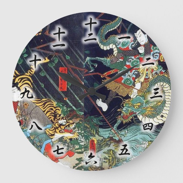 龍虎, 豊国 Drache u. Tiger, Toyokuni, Ukiyo-e Große Wanduhr (Vorderseite)