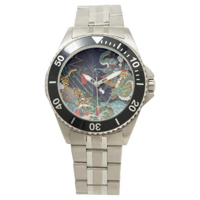龍 虎, 豊, 国 Dragon & Tiger, Toyokuni, Ukiyo-e Armbanduhr (Vorderseite)