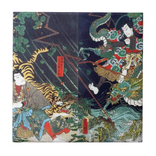 龍 虎, 豊, 国 Dragon & Tiger, Toyokuni, Ukiyo-e Fliese