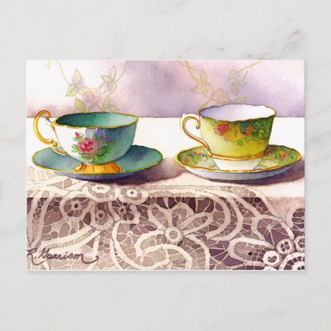 0001 Tasses à thé sur dentelle Carte de vœux (Devant)