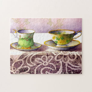 0001 Teacups sur le puzzle de la dentelle