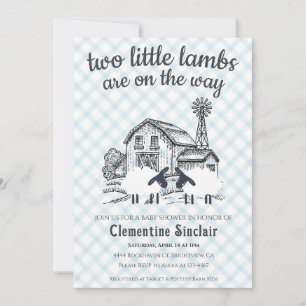 001 Himmelblau Zwei kleine Lämmer Gingham-Baby-Par Einladung