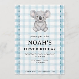 001 Sky Blue Plaid Koala 1st Birthday Invitation Einladung