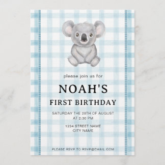 001 Sky Blue Plaid Koala 1st Birthday Invitation Einladung