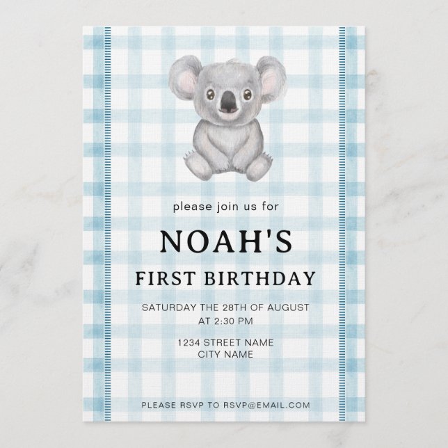 001 Sky Blue Plaid Koala 1st Birthday Invitation Einladung (Vorderseite)