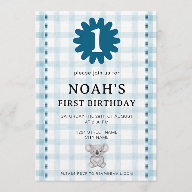 001 Sky Watercolor Check Koala Birthday Invitation Einladung (Vorderseite)