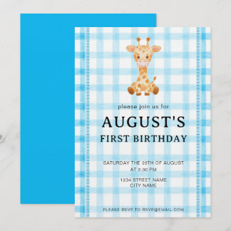 002 Cerulean Blue Check Giraffe Birthday Invite Einladung