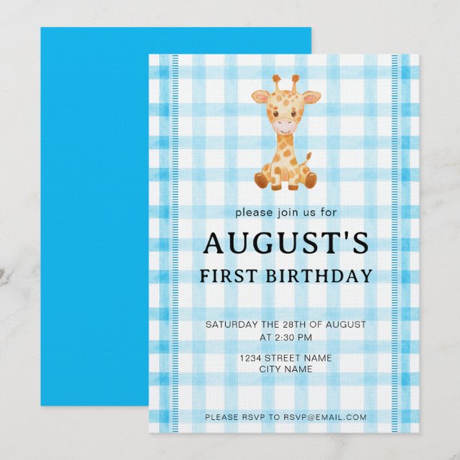 002 Cerulean Blue Check Giraffe Birthday Invite Einladung (Vorne/Hinten)