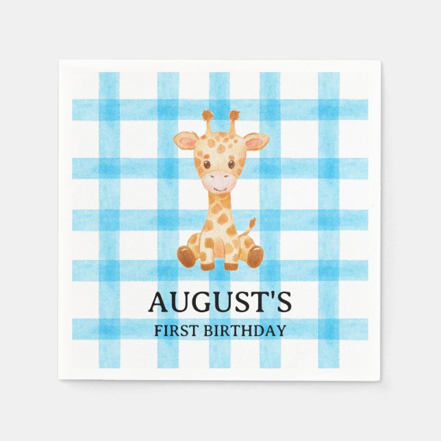 002 Cerulean Blue Check Giraffe Napkin Serviette (Vorderseite)